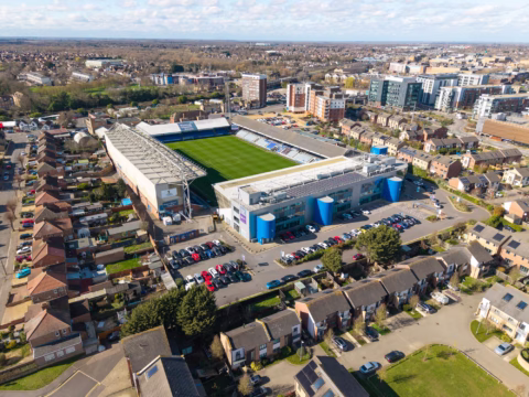 Aerial view above Peterborough United Football Club Weston Homes Stadium in Peterborough, UK